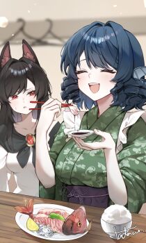 2girls :d absurdres animal_ear_fluff animal_ears black_hair blue_hair blurry blurry_background bowl breasts brooch cannibalism chopsticks closed_eyes clothes_hanger commentary_request dress drill_hair fins fish_(food) food fruit green_kimono head_fins highres holding holding_chopsticks holding_saucer holding_with_chopsticks imaizumi_kagerou japanese_clothes jewelry kimono large_breasts lemon long_hair medium_breasts medium_hair multiple_girls obi obijime open_mouth plate purple_sash red_eyes rice sash sashimi saucer smile soy_sauce tadano1129 teeth touhou upper_teeth_only wakasagihime white_dress wolf_ears wolf_girl