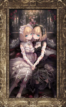 2girls akai_haato akai_haato_(9th_costume) aqua_eyes bandaged_arm bandages black_dress black_socks blonde_hair blunt_bangs bob_cut breasts cleavage cleavage_cutout clothing_cutout commentary_request copyright_notice couch crinoline cross-laced_clothes cross-laced_dress dress dual_persona frilled_dress frilled_socks frills goth_fashion highres holding_hands hololive indoors interlocked_fingers layered_dress legwear_garter looking_at_viewer medium_breasts missile228 multiple_girls official_alternate_color official_alternate_costume official_alternate_hair_length official_alternate_hairstyle official_art on_couch open_mouth picture_frame short_hair sitting socks virtual_youtuber white_dress white_socks