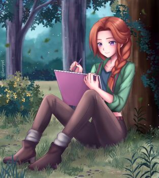 1girl blue_shirt boots braid brown_boots brown_pants closed_mouth collarbone commentary drawing english_commentary forest grass green_jacket highres holding holding_notebook holding_pen jacket laeryel leaf leah_(stardew_valley) long_hair nature notebook open_clothes open_jacket orange_hair outdoors pants pen purple_eyes shirt sleeves_rolled_up smile solo stardew_valley suspenders tree twitter_username