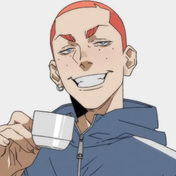 1boy blue_eyes blue_jacket character_request cup earrings freckles grin holding holding_cup hood hood_down jacket jewelry looking_at_viewer non-web_source orange_hair pontyk_blya short_hair single_earring smile solo teeth upper_body zipper