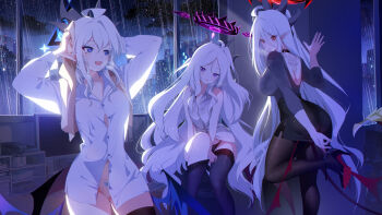 3girls :d absurdres adjusting_clothes adjusting_footwear adjusting_legwear ahoge alternate_costume arm_support ass back_tattoo backless_shirt backlighting black_choker black_pantyhose black_shoes black_skirt black_thighhighs blue_archive building choker cloud cloudy_sky collared_shirt commentary_request demon_girl demon_horns demon_tail demon_wings drying drying_hair drying_own_hair forehead hair_between_eyes halo head_tilt height_difference high_heels highres hina_(blue_archive) horns indoors long_hair long_sleeves looking_at_another looking_at_viewer luna_(treeplanting) medium_hair mother_and_daughter multiple_girls night night_sky open_mouth original panties pantyhose pantyshot parted_bangs pencil_skirt pointy_ears purple_eyes rain red_eyes san_(treeplanting) shirt shoes sidelocks sitting skirt sky skyscraper sleeveless sleeveless_shirt smile standing standing_on_one_leg star_(sky) starry_sky sun_(treeplanting) tail tattoo thighhighs towel towel_on_head treeplanting underwear wavy_hair white_hair white_shirt window wings yellow_panties