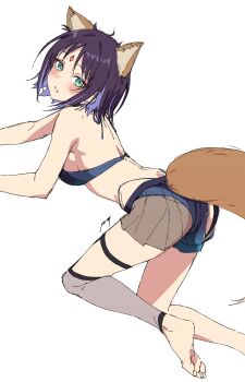 1girl animal_ears blue_eyes blue_hair breasts cho_kaguya-hime! colored_inner_hair commentary forehead_jewel fox_ears fox_girl fox_tail green_eyes highres long_hair looking_at_viewer medium_breasts medium_hair multicolored_hair nagi_mkrnpn open_mouth sakayori_iroha simple_background solo tail thigh_strap white_background