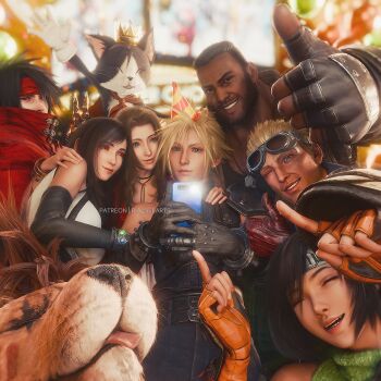 3d 3girls aerith_gainsborough animal arm_around_shoulder armor armored_gloves bangle barret_wallace beard belt black_bra black_fur black_gloves black_hair black_pants blonde_hair blue_eyes blue_jacket blurry blurry_background bra bracelet breasts brown_hair cait_sith_(final_fantasy) cape cat choker cid_highwind clawed_gauntlets cloak closed_eyes closed_mouth cloud_strife crop_top crown dark-skinned_male dark_skin dog_tail earrings elbow_gloves facial_hair final_fantasy final_fantasy_vii final_fantasy_vii_rebirth final_fantasy_vii_remake fingerless_gloves flower_choker gloves goggles goggles_on_head green_eyes green_shirt hair_between_eyes hat headband highres holding holding_another&#039;s_arm holding_phone jacket jewelry leather leather_gloves long_hair materia medium_breasts mini_crown multiple_belts multiple_boys multiple_girls one_eye_closed open_mouth orange_gloves pants parted_lips party_hat patreon_username pauldrons phone red_cape red_cloak red_eyes red_gloves red_headband red_jacket red_xiii ria_(baka-neearts) scar scar_across_eye scar_on_face shirt short_hair shoulder_armor sidelocks single_bare_shoulder single_earring single_pauldron sleeveless sleeveless_turtleneck smile spiked_hair sports_bra stubble suspenders tail taking_picture thumbs_up tifa_lockhart tongue tongue_out turtleneck tuxedo_cat two-tone_fur underwear upper_body v very_short_hair vincent_valentine waving white_fur white_gloves white_shirt yuffie_kisaragi