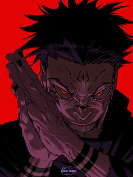 1boy artist_name biting_tongue black_hair black_jacket black_nails commentary english_commentary english_text evil_eyes evil_smile extra_eyes facial_tattoo gums highres jacket jujutsu_kaisen kuroxcho looking_at_viewer male_focus meme naughty_face nose own_hands_together portrait red_background red_eyes ryoumen_sukuna_(jujutsu_kaisen) shaded_face short_hair smile solo spiked_hair tattoo teeth tongue tongue_out v-shaped_eyebrows veins veiny_hands wrist_tattoo zesty_sonic_(meme)