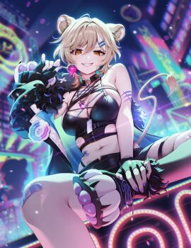 1girl ahoge animal_ears bandaid bandaid_on_knee bandaid_on_leg bare_shoulders black_gloves black_shirt black_shorts blonde_hair blurry blurry_background boots breasts candy cityscape cleavage cowboy_shot english_text evil_grin evil_smile fangs fingerless_gloves food from_below fur-trimmed_jacket fur_trim gem gloves gomashio_ponz grin hazumi_aileen highres holding holding_candy holding_food holding_lollipop indie_virtual_youtuber jacket jewelry light_particles lion_ears lion_girl lion_tail lollipop looking_at_viewer medium_breasts medium_hair midriff mole mole_on_breast navel necklace neon_lights night off_shoulder open_clothes open_jacket orange_eyes outdoors pink_gemstone pink_nails purple_nails second-party_source shirt short_shorts shorts skindentation sleeveless sleeveless_shirt smile solo tail tattoo teeth virtual_youtuber