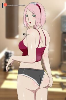 1girl agung911 ass bare_shoulders blurry blurry_background blush boruto:_naruto_next_generations crop_top exercising floor from_behind green_eyes gym hairband hand_on_own_ass haruno_sakura highres indoors looking_back naruto_(series) open_mouth patreon_logo pink_hair punching_bag red_shirt shirt short_hair shoulder_blades sidelocks signature steam steaming_body sunlight sweat thighs underwear