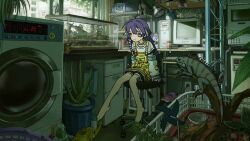 1girl absurdly_detailed_composition ahoge anbiyori animated arms_at_sides bandaid bandaid_on_leg bare_legs black_shorts blinking blue_hair boombox braid braided_sidelock branch chair closed_mouth collarbone computer computer_keyboard crt desk_lamp detached_sleeves dot_nose electrical_outlet fern fish_tank full_body hair_between_eyes iguana_(animal) indoors jar lamp laundry_basket loaded_interior long_hair long_sleeves looking_ahead orange_eyes original overalls pebble pinwheel plant potted_plant shirt short_shorts short_sleeves shorts sidelocks sleeves_past_wrists slice_of_life slippers smile solo swivel_chair video washing_machine webcam white_shirt wind window yellow_overalls