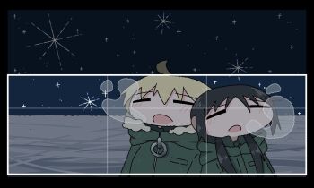 2girls :o =_= ahoge black_border black_eyes black_hair blonde_hair border chito_(shoujo_shuumatsu_ryokou) closed_eyes coat emesan_desu expressionless fur-trimmed_jacket fur_trim green_coat hashtag-only_commentary hood hood_down hooded_jacket horizon jacket leaning_on_person long_hair low_twintails meme military_uniform multiple_girls night night_sky outdoors parted_lips shoujo_shuumatsu_ryokou sky snow standing star_(sky) starry_sky twintails twitter_header_won&#039;t_fit_(meme) upper_body yuuri_(shoujo_shuumatsu_ryokou)