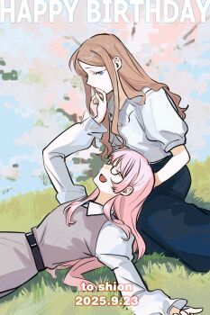 2girls bang_dream! bang_dream!_it&#039;s_mygo!!!!! blue_dress blue_eyes blue_sky brown_hair cherry_blossoms chihaya_anon closed_eyes commentary dated day dress english_commentary fang glasses grey_dress happy_birthday highres kiss kissing_hand long_hair long_sleeves multiple_girls nagasaki_soyo on_grass open_mouth outdoors pinafore_dress shirt sky sleeveless sleeveless_dress smile tong_(acro826) tree white_shirt yuri