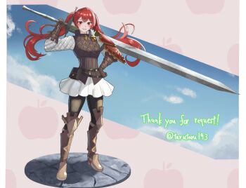 Rule 34 | 1girl, armor, black pantyhose, blush, boots, breasts, claymore (sword), closed mouth, commission, fire emblem, fire emblem fates, full body, gambeson, gloves, hair ribbon, holding, holding sword, holding weapon, long hair, long sleeves, looking at viewer, nintendo, pantyhose, red eyes, red hair, ribbon, selena (fire emblem fates), shirt, skeb commission, skirt, smile, solo, sword, tarutaru193, thigh boots, twintails, very long hair, weapon, white shirt, white skirt
