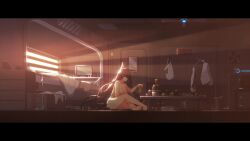 1girl absurdres aduare alcohol animal_ears animated arknights barefoot bed bedroom beer beer_can black_hair blaze_(arknights) breasts can cat_ears cat_girl cat_tail ceiling_fan clock completely_nude digital_clock drink_can evening full_body hairband highres indoors knee_up large_breasts letterboxed light_rays long_hair messy_room nude pixel_art red_hairband segment_display sitting soles solo sunbeam sunlight table tagme tail trash_can ventilation_fan very_long_hair video