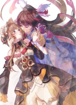 2girls arm_ribbon black_bow black_collar black_dress black_hair black_sleeves blue_eyes bonnet bow closed_eyes closed_mouth collar columbina_(genshin_impact) commentary detached_collar detached_sleeves dress english_commentary floating_hair frilled_sleeves frills gem genshin_impact hair_ribbon head_wings highres holding_hands kiwiteamlp long_hair long_sleeves looking_at_another multicolored_hair multiple_girls parted_lips purple_hair red_gem ribbon sandrone_(genshin_impact) simple_background streaked_hair two-tone_hair very_long_hair white_background white_bow white_dress white_ribbon white_wings wings wrist_bow yuri