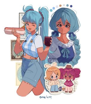 absurdres akita_neru aqua_hair argentinian_flag argentinian_flag_print argentinian_miku blue_eyes blue_ribbon blue_shorts bow braid brown_hat character_check cropped_legs flag_print food hair_bow hair_ribbon hat hatsune_miku highres holding holding_food hot_dog kagamine_rin kamui_gakupo kasane_teto long_hair looking_at_viewer midriff omeliny one_eye_closed open_mouth print_shirt ribbon shirt shorts smile tattoo twin_braids twintails utau very_long_hair vocaloid white_bow worldwide_miku