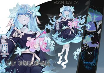 1girl :o bandaged_leg bandages belt black_choker black_dress blue_eyes blue_fire blue_flower blue_hair blunt_bangs blush_stickers bone_hair_ornament bow bra_strap character_name choker collarbone colored_skin dress fire flat_chest floating flower ghost_girl grey_skin hair_flower hair_ornament hand_up happy highres hitodama holding holding_lantern holding_stuffed_toy kuntou_art lantern long_hair looking_at_viewer no_feet off-shoulder_dress off_shoulder open_mouth original smile solo standing straight_hair stuffed_animal stuffed_demon stuffed_toy teeth upper_teeth_only waves white_belt white_bow wide_sleeves zoom_layer
