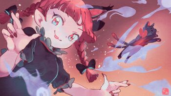 1girl animal_ears black_bow black_dress blunt_bangs bow braid cat cat_ears cat_girl commentary_request dress extra_ears hair_bow highres kaenbyou_rin kaenbyou_rin_(cat) long_hair looking_at_viewer open_mouth red_eyes red_hair red_nails sh1cho short_sleeves side_braids touhou twin_braids upper_body