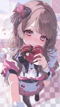 Rule 34 | 1girl, amam fuka (vtuber), apron, bandaid, bandaid on hand, bib collar, black bow, black shoes, bow, box, brown hair, collar, commentary request, commission, dress, fake nails, flower, gift, gift box, hair bow, hair flower, hair ornament, heart, heart-shaped box, heart-shaped pupils, highres, holding, holding gift, indie virtual youtuber, long hair, looking at viewer, pink dress, pink eyes, pink flower, sayuna sr, second-party source, shoes, short sleeves, sidelighting, solo, sweatdrop, symbol-shaped pupils, tile floor, tiles, valentine, virtual youtuber, watermark, white apron, white collar