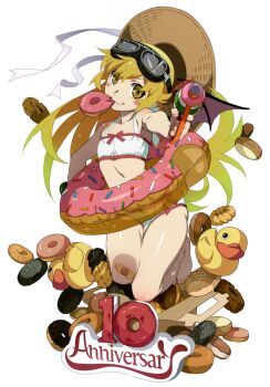 1girl absurdres aiming aiming_at_viewer anniversary arm_at_side aviator_goggles back_bow bandaid bandaid_on_knee bandaid_on_leg bare_legs barefoot blonde_hair blush_stickers bow bow_bra bra bracelet chocolate_donut collarbone donut donut_innertube flat_chest flipped_hair floating_food food food_in_mouth french_cruller full_body goggles goggles_on_head hair_between_eyes hair_flaps halterneck hand_up hat hat_loss hat_ribbon highres holding_toy_gun innertube jewelry kneeling knees_together_feet_apart long_hair monogatari_(series) mouth_hold navel non-web_source official_art on_food oshino_shinobu panties pink_donut red_bow red_trim ribbon ringed_eyes rubber_duck scan shoulder_blush sidelocks snake_mouth solo stomach straw_hat swim_ring thigh_gap underwear unworn_hat unworn_headwear very_long_hair watanabe_akio white_bra white_panties yellow_eyes