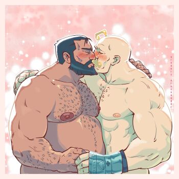 2boys abs absurdres alex_louis_armstrong bald bara beard belly bishie_sparkle black_hair blonde_hair blush closed_eyes couple cropped_torso dark-skinned_male dark_skin facial_hair fat fat_man from_side full_beard fullmetal_alchemist gregory_alecsander hairy hand_on_another's_shoulder highres holding_hands interracial large_pectorals male_focus mature_male multiple_boys muscular muscular_male navel_hair nipples pectorals pink_background receding_hairline short_hair sig_curtis sparse_chest_hair standing strongman_waist thick_arm_hair thick_beard thick_chest_hair thick_eyebrows topless_male yaoi