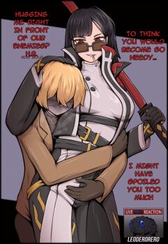 1boy 1girl absurdres artist_name black_coat black_gloves black_hair blonde_hair bob_cut breasts cigarette coat contempt_awe_(e.g.o) dawn_office_(identity)_(project_moon) e.g.o_(project_moon) english_text glasses gloves grin headpat hetero highres holding holding_sword holding_weapon hug hug_from_behind jacket katana leoderorero limbus_company long_hair long_sleeves medium_breasts over_shoulder project_moon purple_background red_eyes red_eyes_(e.g.o) ringed_eyes ryoshu_(project_moon) shaded_face short_hair simple_background sinclair_(project_moon) smile smoke smoking steam steaming_body sunglasses sword teeth very_long_hair weapon weapon_over_shoulder