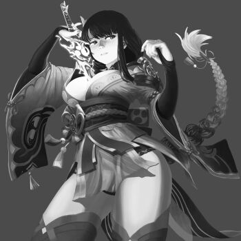 1girl absurdres armor blunt_bangs braid breasts bridal_gauntlets commentary genshin_impact gradient_hair grey_background hair_ribbon highres holding holding_sword holding_weapon huge_breasts japanese_clothes katana kimono lingerie long_braid looking_to_the_side mitsudomoe_(shape) mole mole_under_eye monochrome multicolored_hair neck_ribbon off_shoulder parted_lips raiden_shogun ribbon sash shaded_face shoulder_armor single_braid solo standing sword takita_(morokosi8) thick_thighs thighs tomoe_(symbol) underwear weapon wide_sleeves