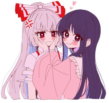 2girls anger_vein angry blush bow closed_mouth collared_shirt commentary_request frilled_shirt_collar frills fujiwara_no_mokou grey_hair hair_bow hands_on_another&#039;s_cheeks hands_on_another&#039;s_face heart houraisan_kaguya long_hair long_sleeves looking_at_viewer multiple_girls paint_chat_(medium) pink_shirt red_eyes shirt simple_background smile suspenders tamiko_(tamik0224) torn_clothes torn_sleeves touhou very_long_hair white_background white_shirt wide_sleeves yuri