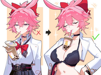 1girl alternate_breast_size_(larger) animal_ears black_bra black_skirt bow bowtie bra breasts bubble_tea_challenge closed_mouth commentary cropped_jacket distr english_commentary evanescia_(honkai:_star_rail) fox_ears fox_girl half-closed_eyes highres honkai:_star_rail honkai_(series) jacket large_breasts navel pink_hair red_bow red_bowtie shirt short_hair skirt underwear white_jacket white_shirt