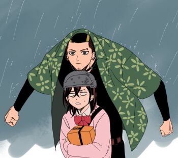 1boy 1girl ayase_momo black_hair black_shirt bow bowtie brown_hair closed_mouth collared_shirt commentary_request crossed_bangs dandadan earrings eyebrow_piercing face_piercing facial_hair floral_print green_shirt hair_between_eyes height_difference helmet holding improvised_umbrella jewelry kami_high_school_uniform korean_commentary long_sleeves open_clothes open_shirt outdoors parted_lips piercing pink_sweater print_shirt rain red_bow red_bowtie rotomem scene_reference school_uniform shirt shirt_under_shirt short_hair sweat sweater upper_body very_short_hair white_eyes white_shirt zuma_unji