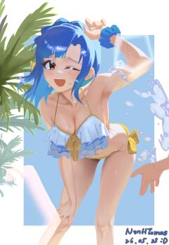 1girl 1other :d ;d absurdres arm_up armband artist_name bent_over bikini blue_hair blue_scrunchie border breasts cleavage collarbone commentary_request dated feet_out_of_frame frilled_bikini frills hand_on_own_knee highres idolmaster idolmaster_million_live! medium_hair nanao_yuriko no_lineart one_eye_closed open_mouth out_of_frame outside_border palm_tree scrunchie sideways_glance smile splashing standing swimsuit tomber tree water white_bikini white_border wrist_scrunchie yellow_armband yellow_bikini