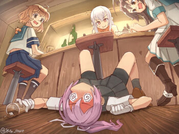 4girls :3 @_@ ahoge bandaid bandaid_on_face bar_(place) bar_stool bike_shorts black_skirt blue_sailor_collar brown_hair commentary_request crab drink gloves grey_hair kantai_collection kuma_(kancolle) kuma_kai_ni_(kancolle) long_hair lying multiple_girls nwr oboro_(kancolle) original pleated_skirt ponytail sailor_collar sailor_shirt school_uniform serafuku shiranui_(kancolle) shiranui_kai_ni_(kancolle) shirt short_hair shorts shorts_under_skirt skirt stool white_gloves white_shirt white_skirt
