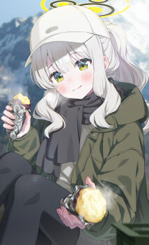 1girl absurdres black_pantyhose black_scarf blue_archive blush closed_mouth fingernails food green_eyes green_jacket halo hare_(blue_archive) hare_(camp)_(blue_archive) hat highres holding holding_food hood hood_down hooded_jacket jacket long_hair long_sleeves looking_at_viewer momomoi_momoi official_alternate_costume open_clothes open_jacket pantyhose ponytail revision scarf smile solo sweet_potato white_hair white_hat