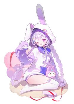 Rule 34 | 1girl, animal ear hood, animal ears, arnyang (ayatsuno yuni), ayatsuno yuni, blush, bow legwear, braid, braided twintails, closed mouth, commentary request, fake animal ears, full body, hand up, highres, hood, hoodie, korean commentary, long hair, long sleeves, meoreng illust, no shoes, one eye closed, over-kneehighs, pink shorts, purple eyes, purple hair, purple sleeves, rabbit ears, second-party source, short shorts, shorts, simple background, sitting, sleeves past fingers, sleeves past wrists, slippers, socks, solo, star-shaped pupils, star (symbol), stellive, symbol-shaped pupils, thighhighs, tongue, tongue out, unworn slippers, very long hair, virtual youtuber, white background, white hoodie, white socks, yokozuwari, zettai ryouiki