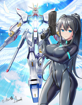 1girl amasaki_yusuke artist_name black_bodysuit blue_eyes bodysuit breasts cloud commission covered_navel fusion gun gundam gundam_seed gundam_seed_destiny gundam_wing gundam_wing:_endless_waltz holding holding_gun holding_weapon long_hair mecha medium_breasts original pilot_suit ponytail robot skeb_commission sky strike_freedom_gundam v-fin weapon wing_gundam_zero_custom