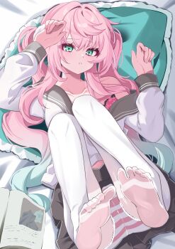 Rule 34 | 1girl, alternate costume, aqua eyes, aqua hair, black skirt, bra, breasts, commentary request, eugeo 032, highres, honkai: star rail, honkai (series), hyacine (honkai: star rail), long hair, looking at viewer, lying, multicolored hair, on back, on bed, panties, pantyhose, parted lips, pillow, pink bra, pink hair, school uniform, shirt, skirt, soles, solo, striped clothes, striped panties, toes, two-tone hair, underwear, very long hair, white pantyhose, white shirt