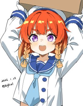 1girl :d absurdres arms_up bigkwl blonde_hair blue_necktie blue_ribbon blue_sailor_collar blush box braid buttons commentary dated dated_commentary etorofu_(kancolle) gloves gradient_hair hair_ribbon hat highres holding holding_box kantai_collection long_hair long_sleeves multicolored_hair necktie one-hour_drawing_challenge open_mouth orange_hair purple_eyes ribbon sailor_collar school_uniform serafuku shirt simple_background smile solo thick_eyebrows twin_braids twitter_username upper_body v-shaped_eyebrows white_background white_gloves white_hat white_shirt