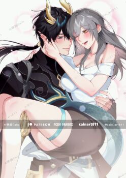 1boy 1girl arm_around_neck bare_shoulders black_hair black_skirt blue_eyes breasts cain_art811 carrying carrying_person closed_mouth commentary_request couple dan_heng_(honkai:_star_rail) dan_heng_(permansor_terrae)_(honkai:_star_rail) dragon_boy dragon_horns dragon_tail grey_hair hand_on_another&#039;s_cheek hand_on_another&#039;s_face hetero highres honkai:_star_rail honkai_(series) horns large_breasts long_hair looking_at_another off-shoulder_shirt off_shoulder one_eye_closed open_mouth paid_reward_available pointy_ears ponytail princess_carry shirt skirt stelle_(honkai:_star_rail) tail tail_around_another&#039;s_waist thigh_strap trailblazer_(honkai:_star_rail) watermark white_shirt yellow_eyes yellow_pupils