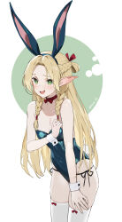 Rule 34 | 1girl, :d, alternate costume, animal ears, blonde hair, blush, bow legwear, braid, commentary request, cuffs, dungeon meshi, elf, green eyes, highres, leotard, long hair, looking at viewer, marcille donato, nervous, open mouth, playboy bunny, pointy ears, rabbit ears, rabbit tail, siino, simple background, smile, solo, tail, thighhighs