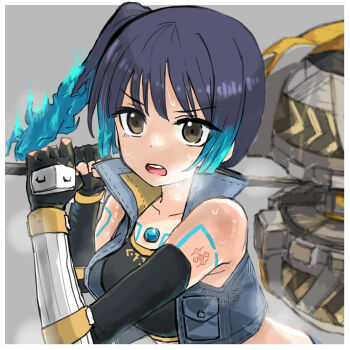 1girl bare_shoulders blue_hair brown_eyes cropped_jacket elbow_gloves fingerless_gloves gloves hammer highres luser_paint medium_hair sena_(xenoblade) side_ponytail sleeveless teeth upper_body upper_teeth_only xenoblade_chronicles_(series) xenoblade_chronicles_3