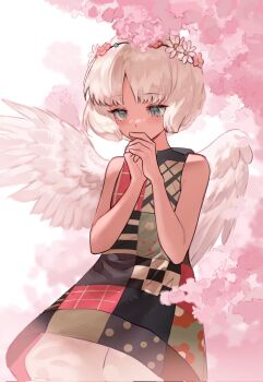 1girl bare_shoulders blue_eyes commentary dark-skinned_female dark_skin dress feathered_wings flower grey_hair hashtag-only_commentary highres laishamark92077 maria_(metaphor:_refantazio) metaphor:_refantazio own_hands_together pink_flower short_hair sleeveless sleeveless_dress solo white_flower white_wings wings