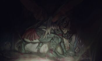 1girl absurdres alyxrubia arthropod_girl blonde_hair blood character-themed_food colored_skin extra_eyes flashlight_beam food green_skin highres horns horror_(theme) indie_virtual_youtuber popsicle skirt spongebob_squarepants spongebob_squarepants_(series) virtual_youtuber wings zarasaru