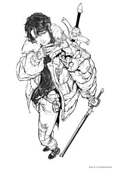 1boy 2025 animal_request arm_at_side artist_name belt buttons coat commentary copyright_notice denim english_commentary explosive fingerless_gloves foreshortening from_above full_body gloves grenade greyscale hand_up highres holding holding_sword holding_weapon invisible_floor jeans jewelry lizard long_sleeves looking_at_animal male_focus monochrome multiple_swords necklace nose open_clothes open_coat original pants parted_lips prosthesis prosthetic_hand shirt shoes short_hair simple_background smile solo standing sword sword_on_back torn_clothes torn_jeans torn_pants turtleneck turtleneck_shirt unfinished very_short_hair weapon weapon_on_back yu_cheng_hong zipper