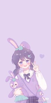 1girl 3boys animal_ears animification artist_request commentary_request duffy_and_friends highres humanization looking_at_viewer medium_hair multiple_boys non-web_source purple_eyes purple_hair rabbit_ears rabbit_girl shirt skirt smile solo source_request stellalou stuffed_animal stuffed_toy twintails