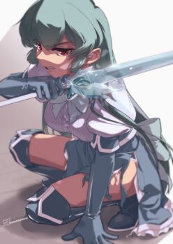 1girl annoyed aqua_hair boots breasts brooch collared_shirt commentary commentary_request elbow_gloves gloves holding holding_sword holding_weapon jewelry knee_boots kneeling magia_azure mahou_shoujo_ni_akogarete medium_breasts minakami_sayo puffy_sleeves red_eyes shirt short_sleeves signature solo sword thighs torn_clothes wakuwakupowerup weapon white_shirt