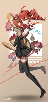 1girl absurdres arm_tattoo black_boots black_shirt black_skirt blush boots bread closed_mouth detached_sleeves doll drill_hair food hair_between_eyes highres holding holding_food hxbdzj kasane_teto loaf_of_bread long_hair looking_at_viewer number_tattoo red_eyes red_hair shirt sidelocks skirt solo tattoo thigh_boots twin_drills utau