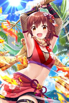 1girl :d absurdres alternative_girls armor armpits arms_up belt black_belt blue_sky blush bow breasts cloud commentary_request cowboy_shot crop_top day detached_sleeves dot_nose fanning fire fishnet_sleeves fishnet_top fishnets floral_print floral_print_skirt flying_sweatdrops hair_bow hand_fan highres holding holding_fan japanese_armor kote lens_flare medium_breasts midriff navel ninja official_art open_mouth orange_eyes outdoors paper_fan print_fan print_scarf print_skirt red_bow red_hair red_skirt scarf second-party_source see-through_cleavage see-through_clothes short_braid skirt sky sleeveless smile solo sparkle sparkling_eyes sun thigh_belt thigh_strap uchiwa yellow_scarf yuuki_miyaka