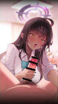 1boy 1girl absurdres ahoge artistic_error bar_censor belt_buckle black_hair blue_archive blue_nails blurry blurry_background blush buckle censored collared_shirt commentary dark-skinned_female dark_skin erection fellatio furrowed_brow glint hair_between_eyes hair_over_shoulder halo hand_up hetero highres indoors karin_(blue_archive) karin_(school_uniform)_(blue_archive) long_hair long_sleeves male_pubic_hair nail_polish nose_blush official_alternate_costume open_mouth oral penis penis_grab pov pov_crotch precum pubic_hair purple_halo raebeko saliva saliva_trail school_uniform shirt sleeves_rolled_up solo_focus tongue tongue_out tsurime upper_body white_shirt yellow_eyes