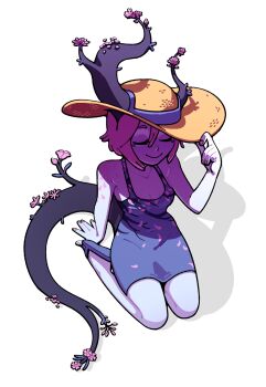 1girl asymmetrical_horns bare_shoulders black_horns breasts cleavage closed_eyes colored_skin demon demon_girl discount-supervillain dress fingernails flower hat highres horns original pink_flower plant_horns plant_tail short_hair sleeveless sleeveless_dress smile solo sun_hat tail