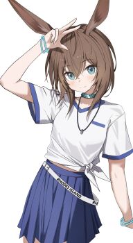 1girl absurdres alternate_hair_length_(shorter) amiya_(arknights) arknights blue_eyes blue_skirt blush boczitok bracelet brown_hair clothes_writing cowboy_shot hair_between_eyes hand_up highres jewelry midriff_peek pleated_skirt shirt short_hair short_sleeves simple_background skirt smile solo tied_shirt w white_background white_shirt