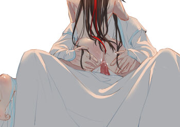 2boys anal anus ass back barefoot bed_sheet black_hair chinese_clothes chinese_commentary clothed_male_nude_male completely_nude cum cum_in_ass cum_on_ass cum_on_body cum_on_male from_behind grabbing_another&#039;s_ass groping hair_ribbon hands_on_another&#039;s_ass hanfu head_out_of_frame highres lan_wangji long_hair long_sleeves male_focus male_penetrated modao_zushi multiple_boys nude penis ponytail red_ribbon ribbon robe sex simple_background sitting sitting_on_person spread_legs straddling sweat uncensored upright_straddle user_uhrm2355 wei_wuxian white_background white_hanfu wide_sleeves yaoi