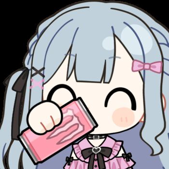 1girl ^_^ alternate_costume animated animated_gif bang_dream! bang_dream!_it's_mygo!!!!! black_ribbon blue_hair blunt_bangs blush_stickers bow can chibi chibi_only chunye_haruya closed_eyes commentary_request drink_can drinking energy_drink hair_bow hair_ribbon holding holding_can jirai_kei long_hair lowres monster_energy pink_bow pink_shirt rayman_limbs ribbon shirt sidelocks simple_background solo togawa_sakiko two_side_up upper_body