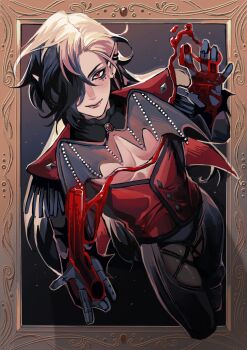 1boy absurdres black_hair blush boothill_(honkai:_star_rail) closed_mouth commentary ear_piercing earrings fangs hair_over_one_eye hemokinesis highres honkai:_star_rail honkai_(series) jewelry looking_at_viewer male_focus medium_hair mole mole_under_eye multicolored_hair multiple_moles multiple_piercings outside_border piercing pointy_ears skin_tight solo thighs two-tone_hair white_hair xxxoncrack2069